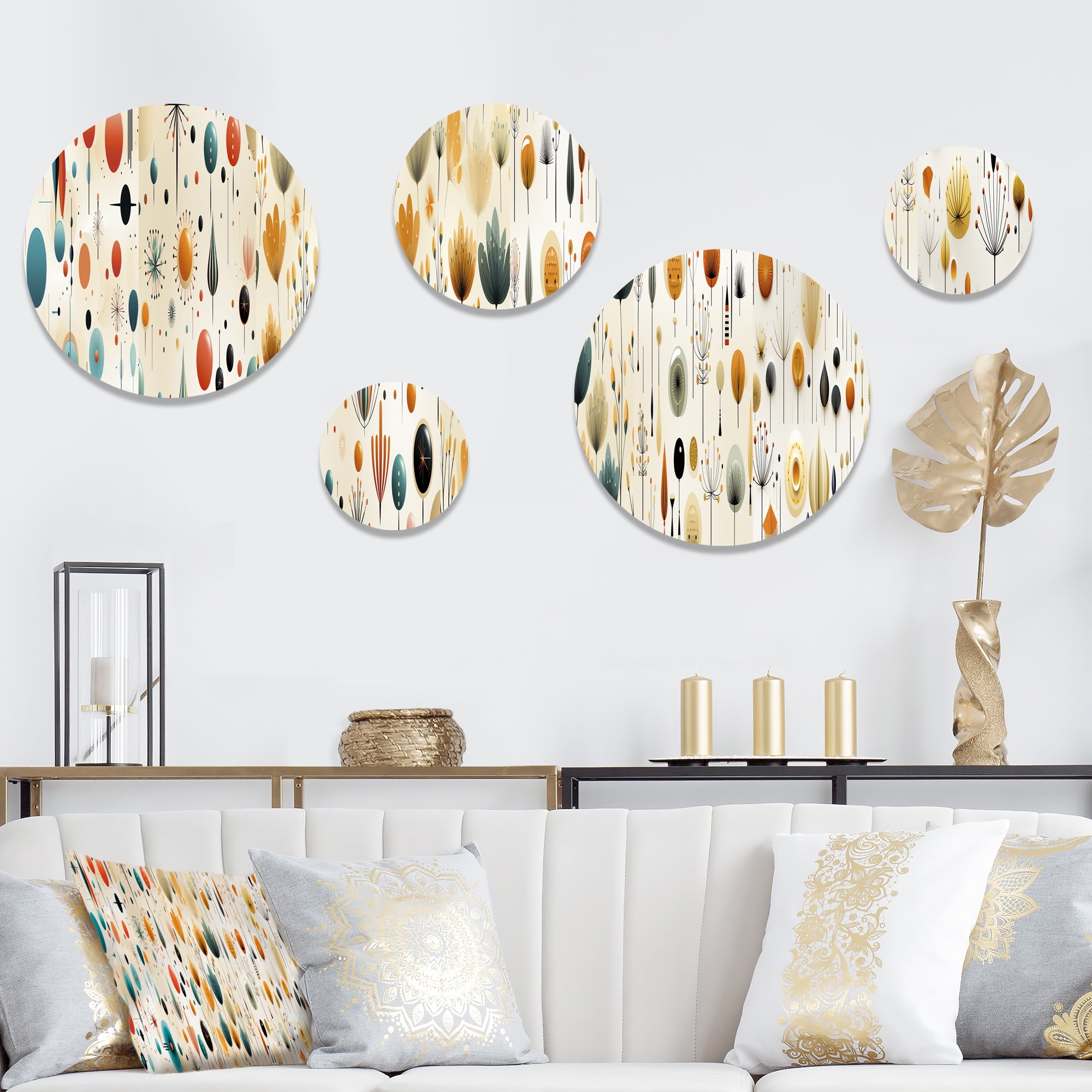 Atomic Age Coral and Blue Geometric Metal Wall Art Set