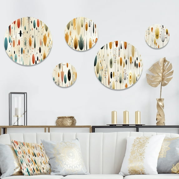 Designart "Modern Fusion In The Atomic Age" Geometric Round Wall Art Set Of 5 - Coral Mid-Century Wall Living Room Decor Set