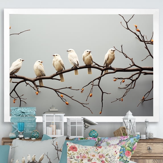 Designart "Modern Gathering Of Avians On Limb" Animals Bird Picture Framed Wall Decor