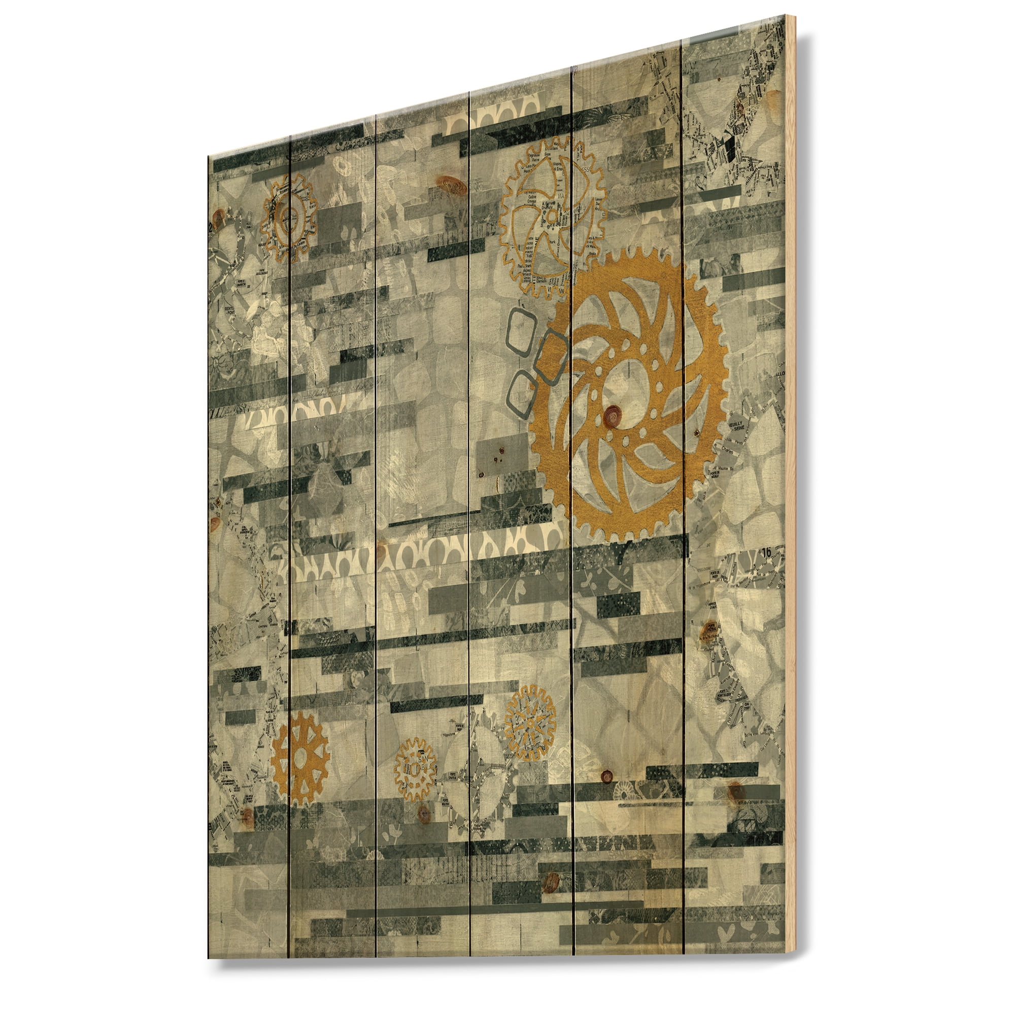 Designart 'Modern Gold Timetable On Gray II' Glam Print on Natural Pine Wood