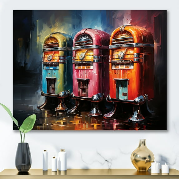 Designart "Modern Jams at Colorful Jukebox II" Fashion Wall Art - Modern Colorful Jukeboxes Hallway Wall Art Decor