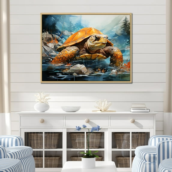 Designart "Modern Marine Turtle Illustration II" Animals Turtle Floater Framed Canvas Art Print