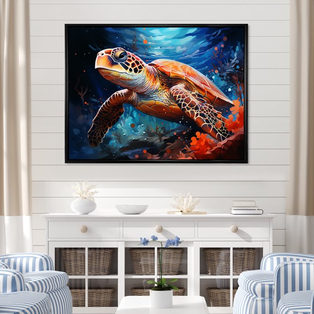 Designart "Modern Marine Turtle Illustration V" Animals Turtle Floater Framed Canvas Wall Art