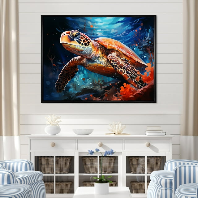Designart "Modern Marine Turtle Illustration V" Animals Turtle Floater Framed Canvas Wall Art