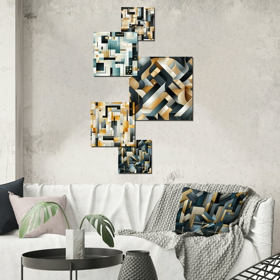 Designart "Modern Metropolis In Grey And Black" Geometric Wall Art Set Of 5 - Green Modern Living Room Metal Art Set