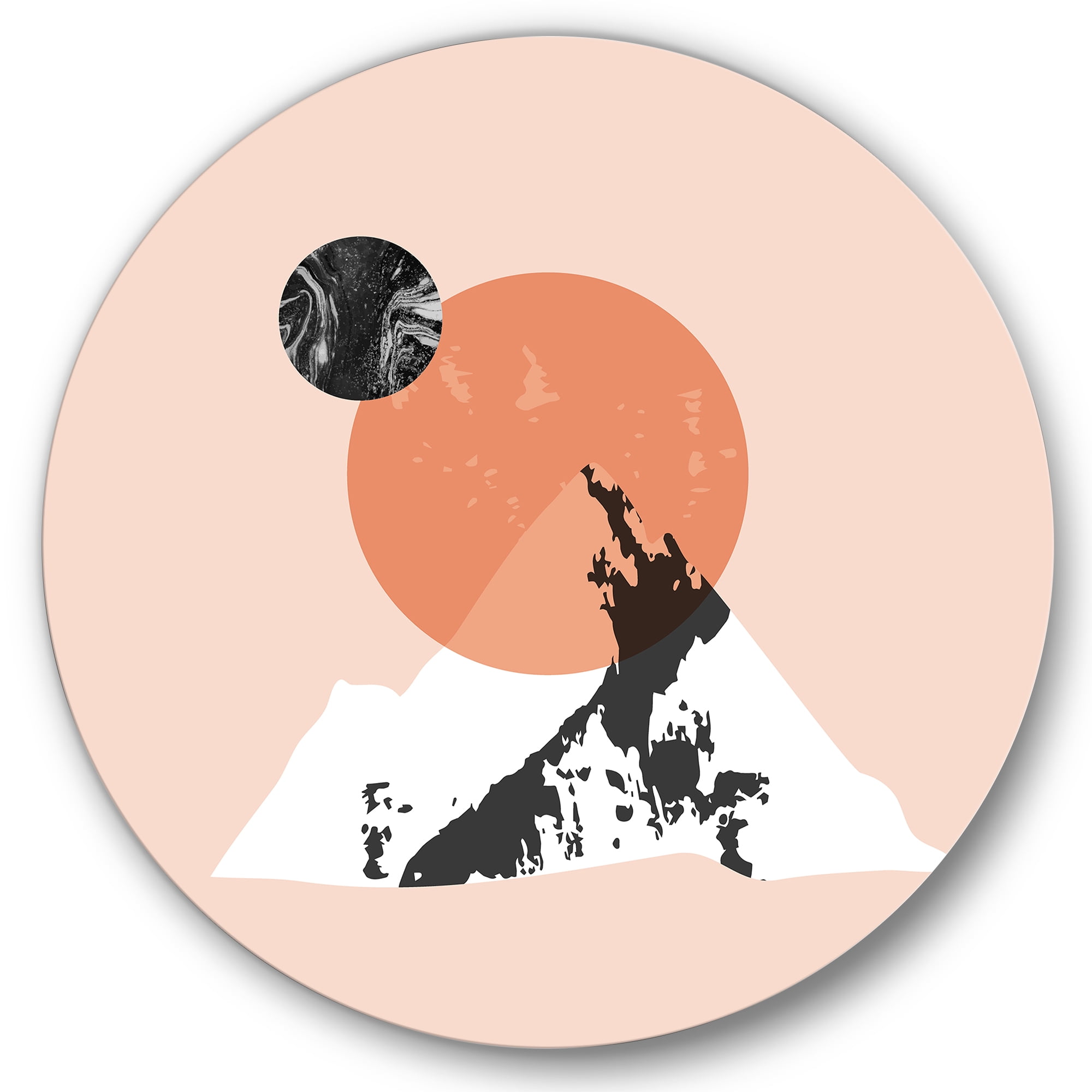 Designart 'Modern Minimalist Mountain Moon and Sun' Modern Circle Metal Wall Art 29x29 - Disc of 29