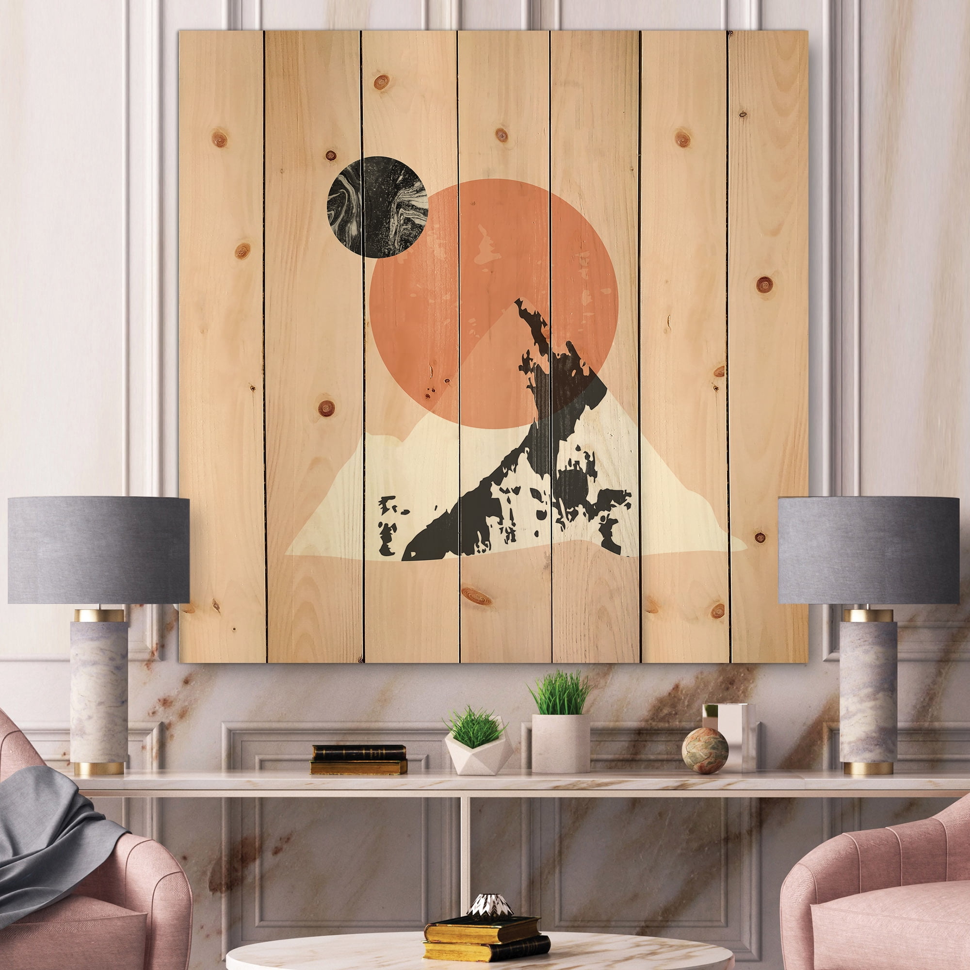 Designart 'Modern Minimalist Mountain Moon and Sun' Modern Print on Natural Pine Wood