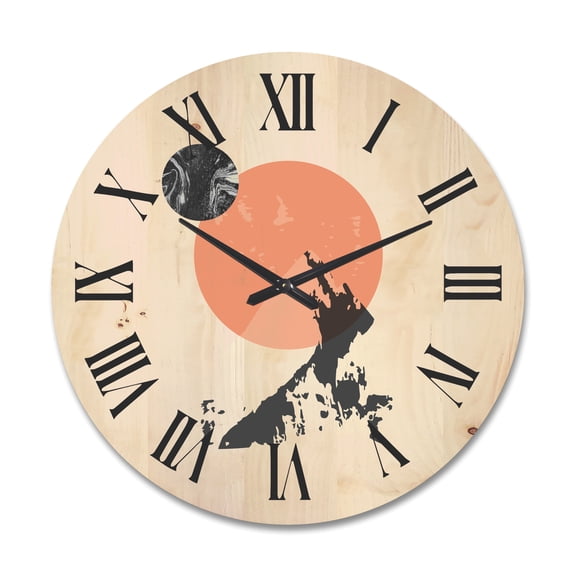 Designart 'Modern Minimalist Mountain Moon and Sun' Modern Wood Wall Clock