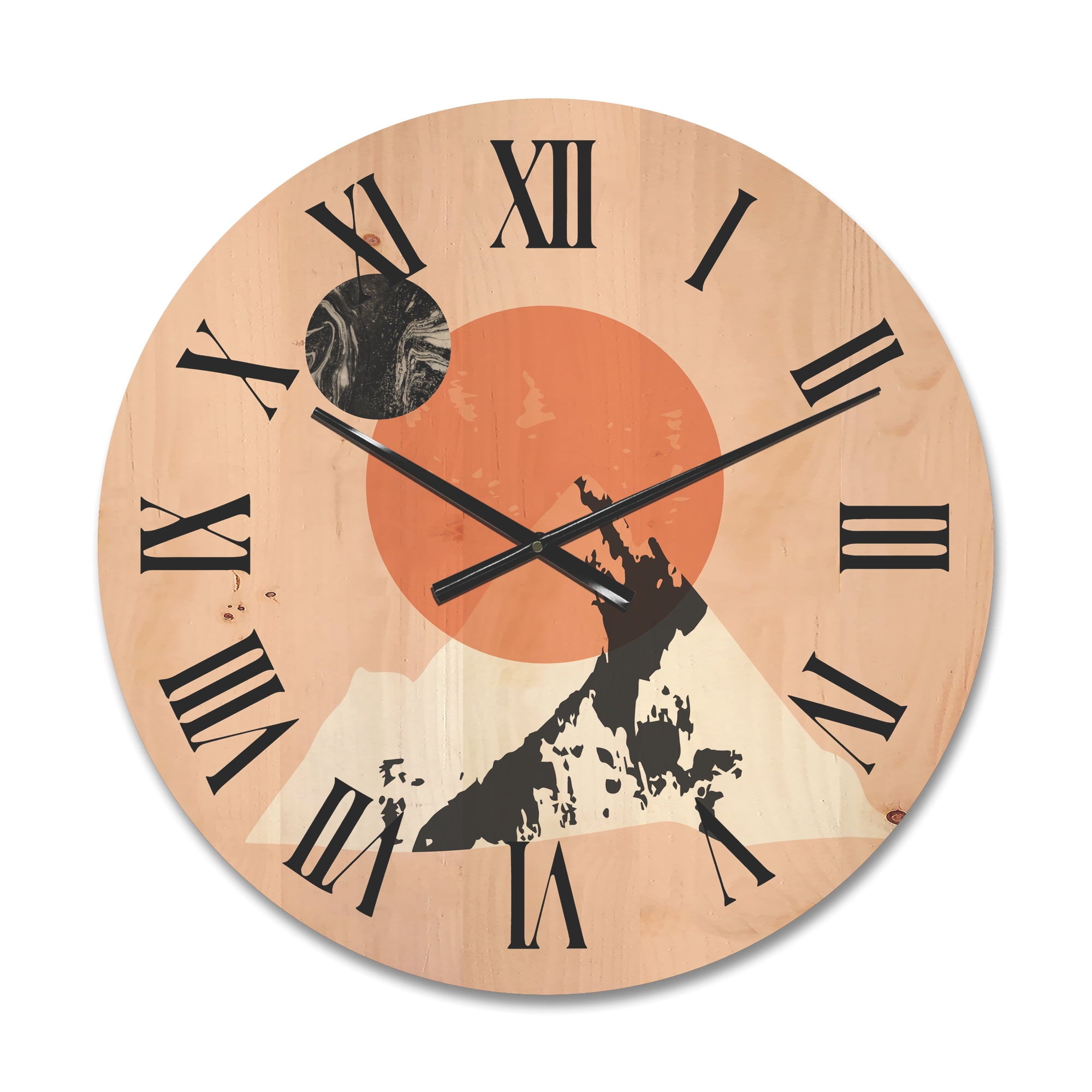 Designart 'Modern Minimalist Mountain Moon and Sun' Modern Wood Wall Clock