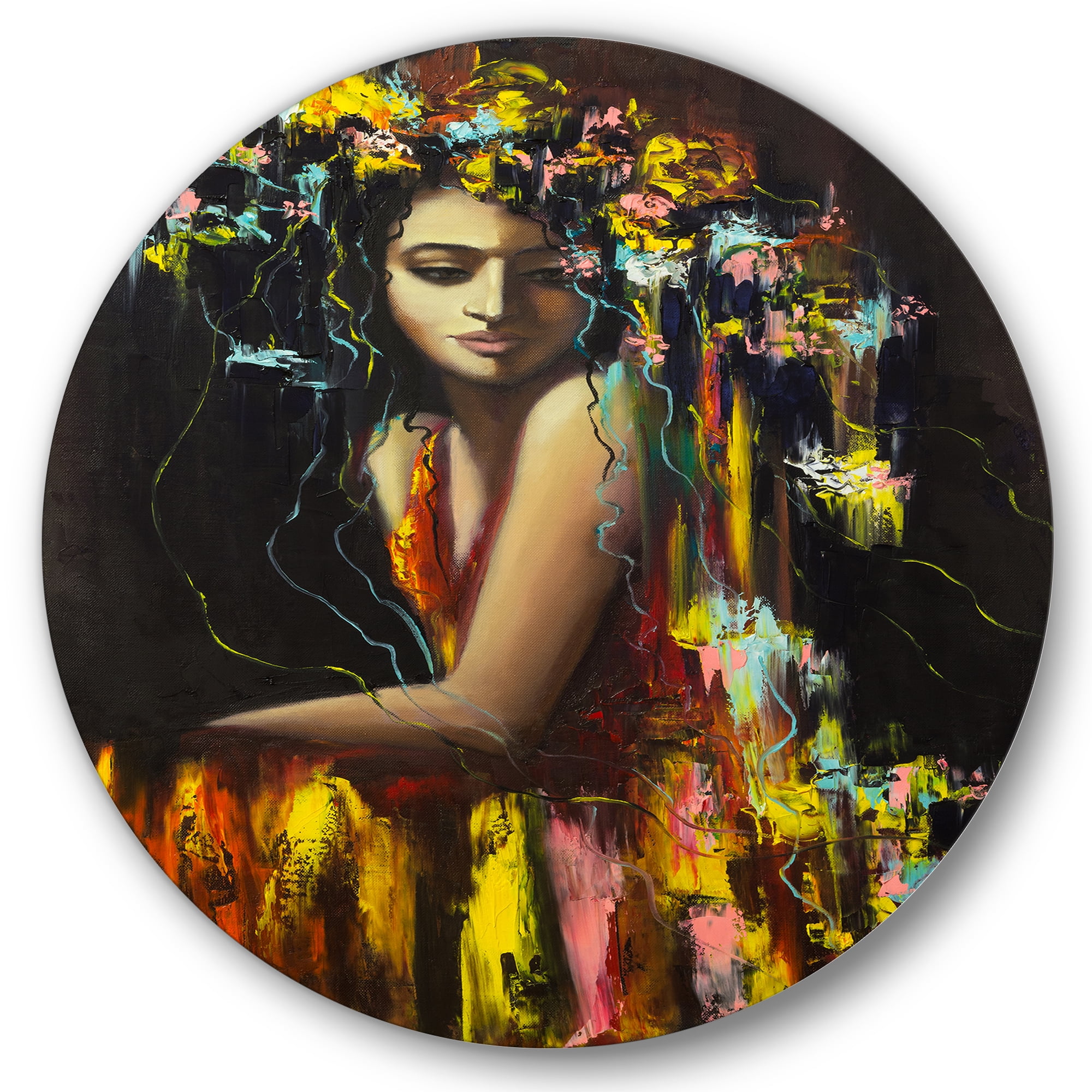 Designart 'Modern Portrait Of A Young Girl' Modern Circle Metal Wall Art 11x11 - Disc of 11