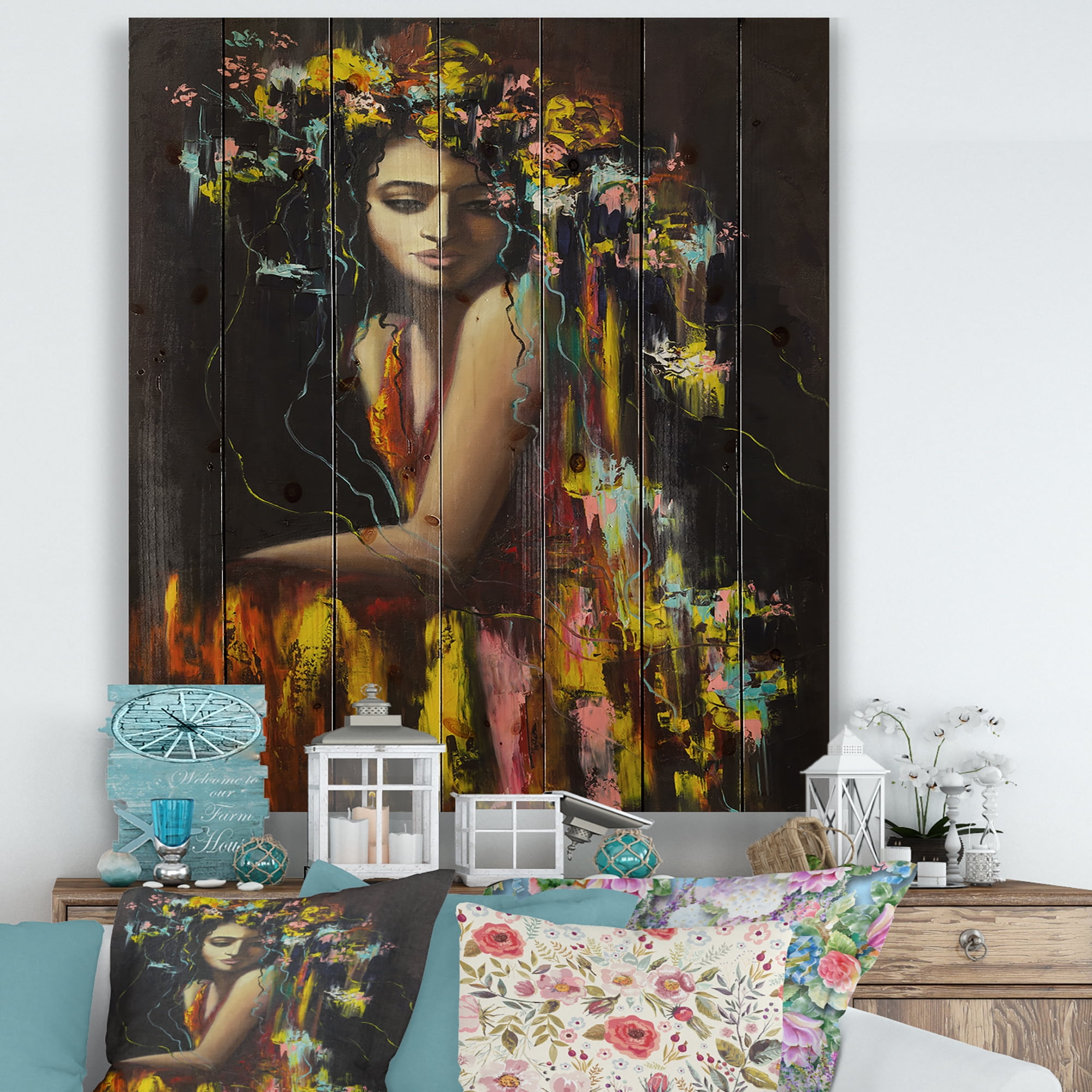 Designart 'Modern Portrait Of A Young Girl' Modern Print on Natural Pine Wood