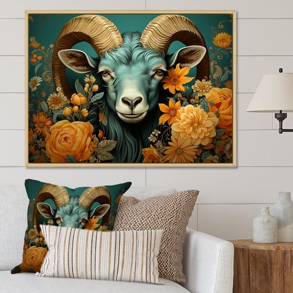 Designart "Modern Portrait of Goat in Blue and Orange" Animals Framed Wall Art - Modern Farmhouse Blue Goat Bedroom Framed Canvas Wall Art