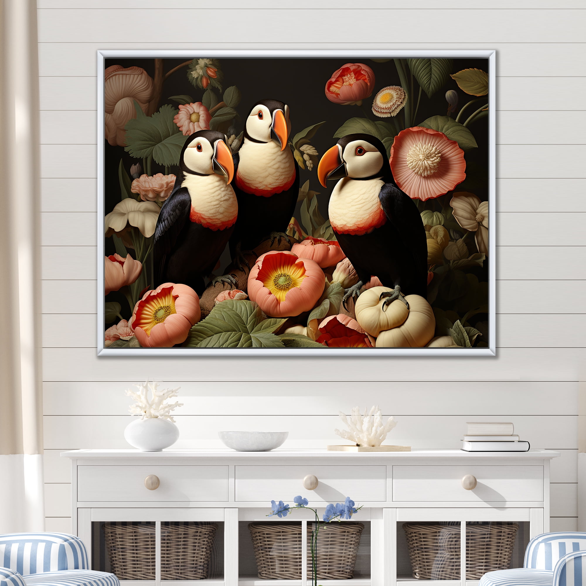 Designart "Modern Portrait of a Puffin Bird II" Animals Framed Wall Art