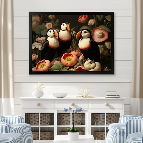 Designart "Modern Portrait of a Puffin Bird II" Animals Framed Wall Art Decor - Coastal Pink Coastal Animal Entryway Framed Wall Art Print