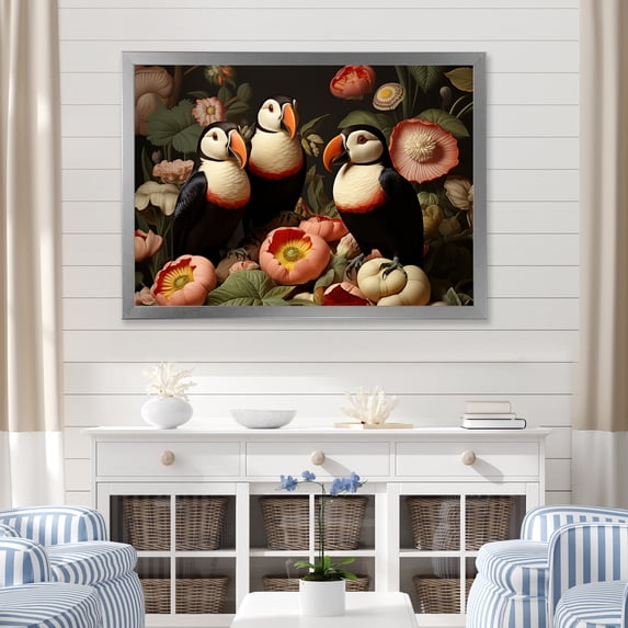 Designart "Modern Portrait of a Puffin Bird II" Animals Framed Wall Art Decor - Coastal Pink Coastal Animal Entryway Framed Wall Art Print