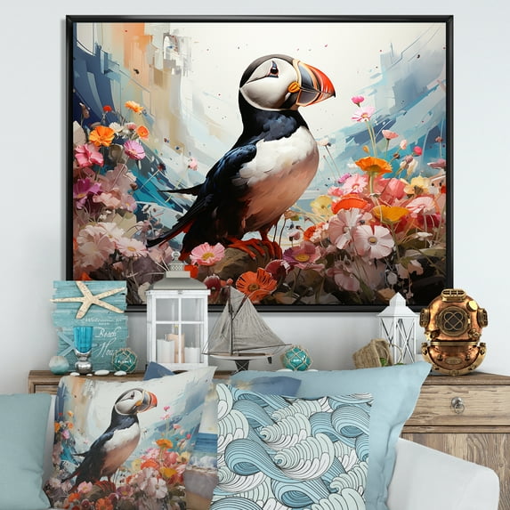 Designart "Modern Portrait of a Puffin Bird III" Animals Framed Wall Art - Coastal Pink Coastal Animal Hallway Framed Wall Art Decor