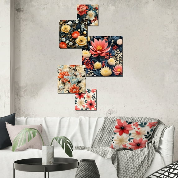 Designart "Modern Red Gold Floral Fusion" Floral Wall Art Set Of 5 - Red Cottage Office Room Metal Wall Art Set