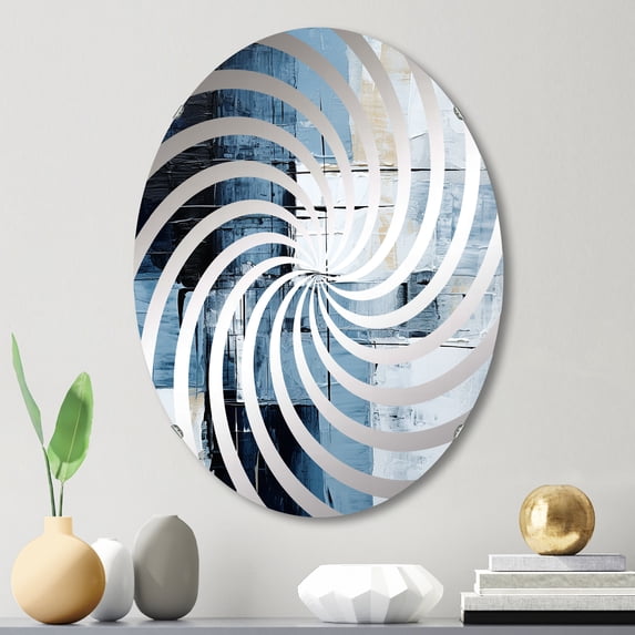 Designart "Modern Scandinavian Art in Blue and Beige" Abstract Painting Vortex Round Wall Mirror - Abstract Oval Printed Decorative Mirror - Multiple Color Options