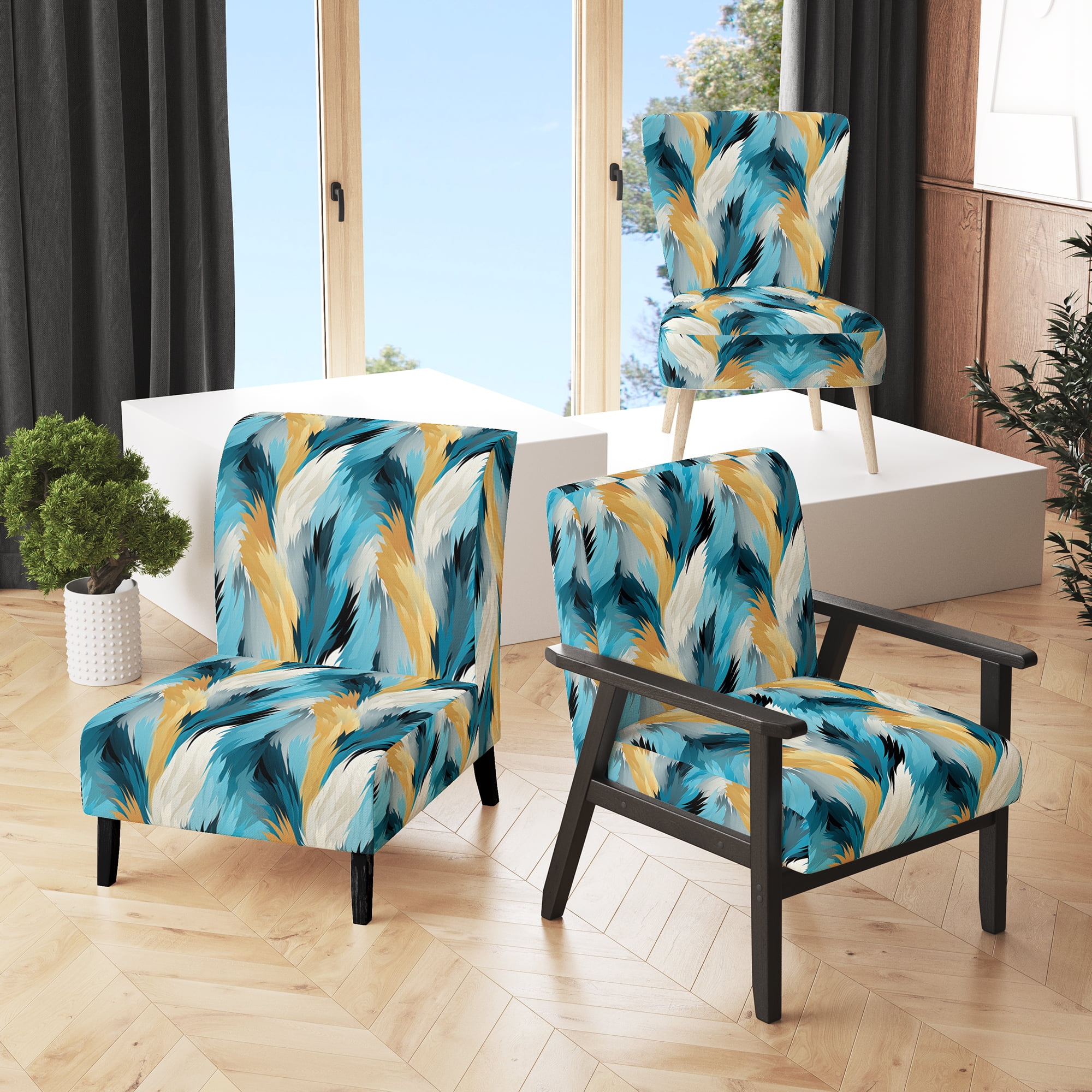 Designart Modern Turquoise Ikat Melody Turquoise Abstract Upholstered Accent Chair Modern Arm Chair For Living Room