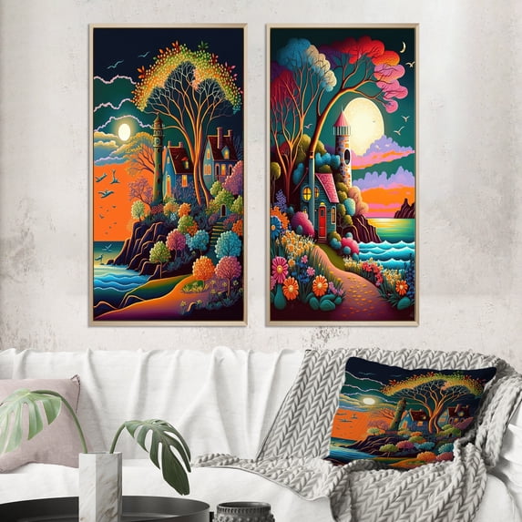 Designart "Modern Vector Full Moon I" Coastal Light House Framed Wall Art Set Of 2 - Blue Landscapes Framed Wall Art Set Of 2