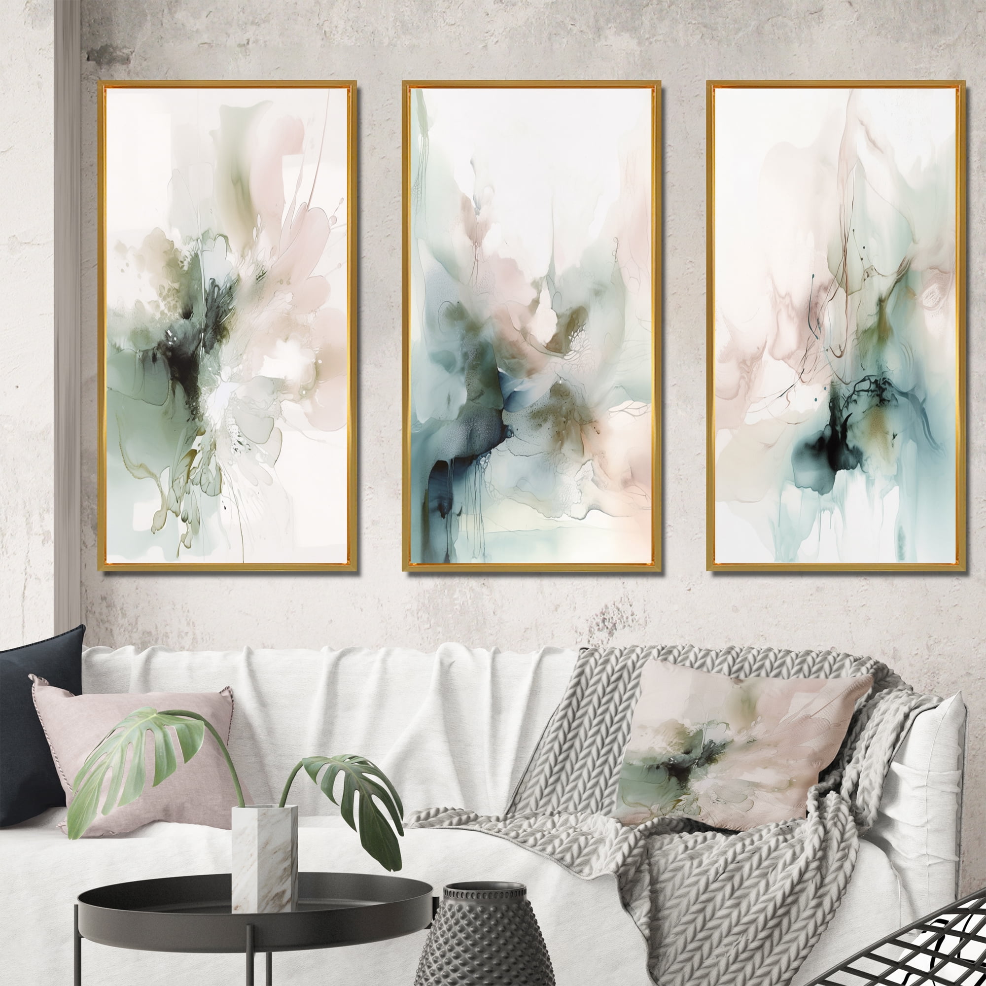Green and Cream Abstract Canvas Art Set with Gold Frames