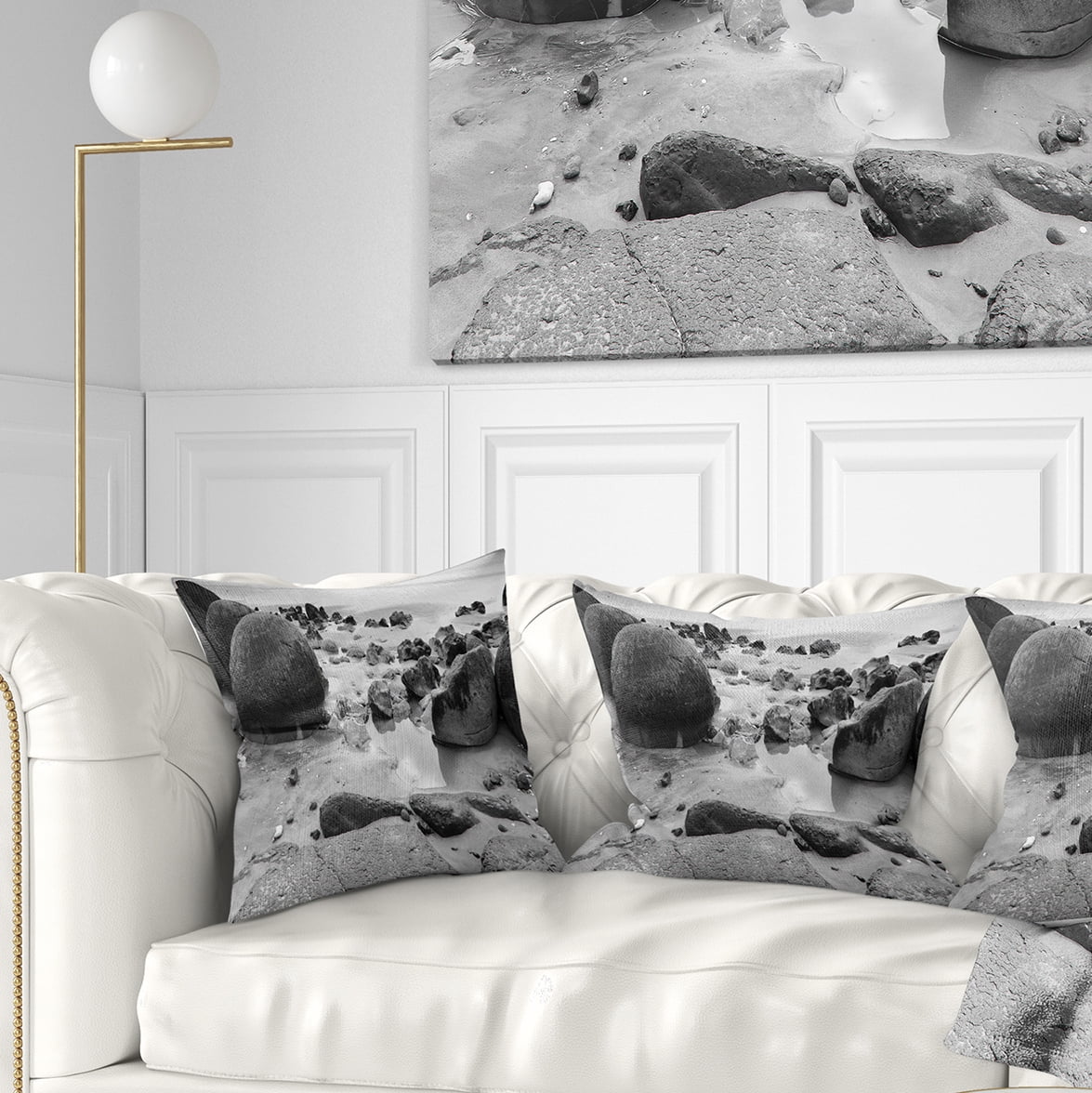 Designart Moeraki Boulders Black n White - Seashore Photo Throw Pillow - 16x16