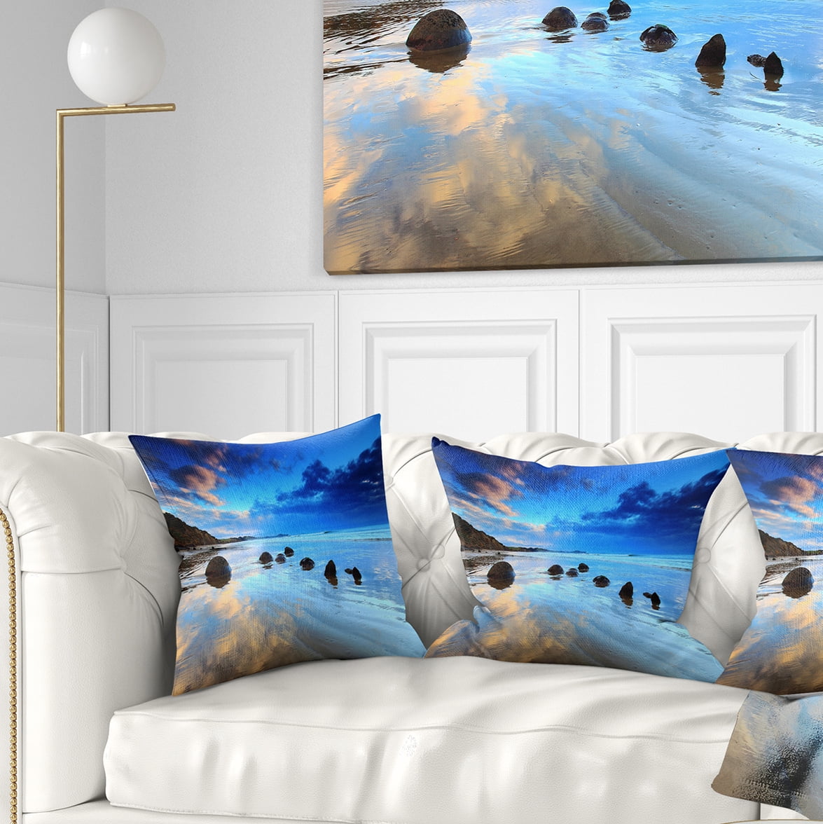 Designart Moeraki Boulders Under Cloudy Sky - Seashore Photo Throw Pillow - 16x16