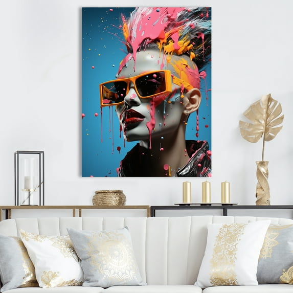 Designart "Mohawk Fashion Expression with Bold Balance on Woman III" Fashion Canvas Wall Art - Glam Pink Woman Pop Art Entryway Wall Art