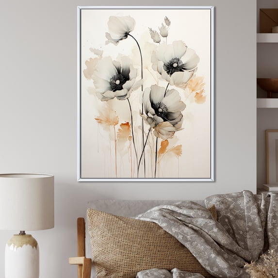 Designart "Moments Captured With Vivid Black And White Poppies" Poppies Floater Framed Wall Decor