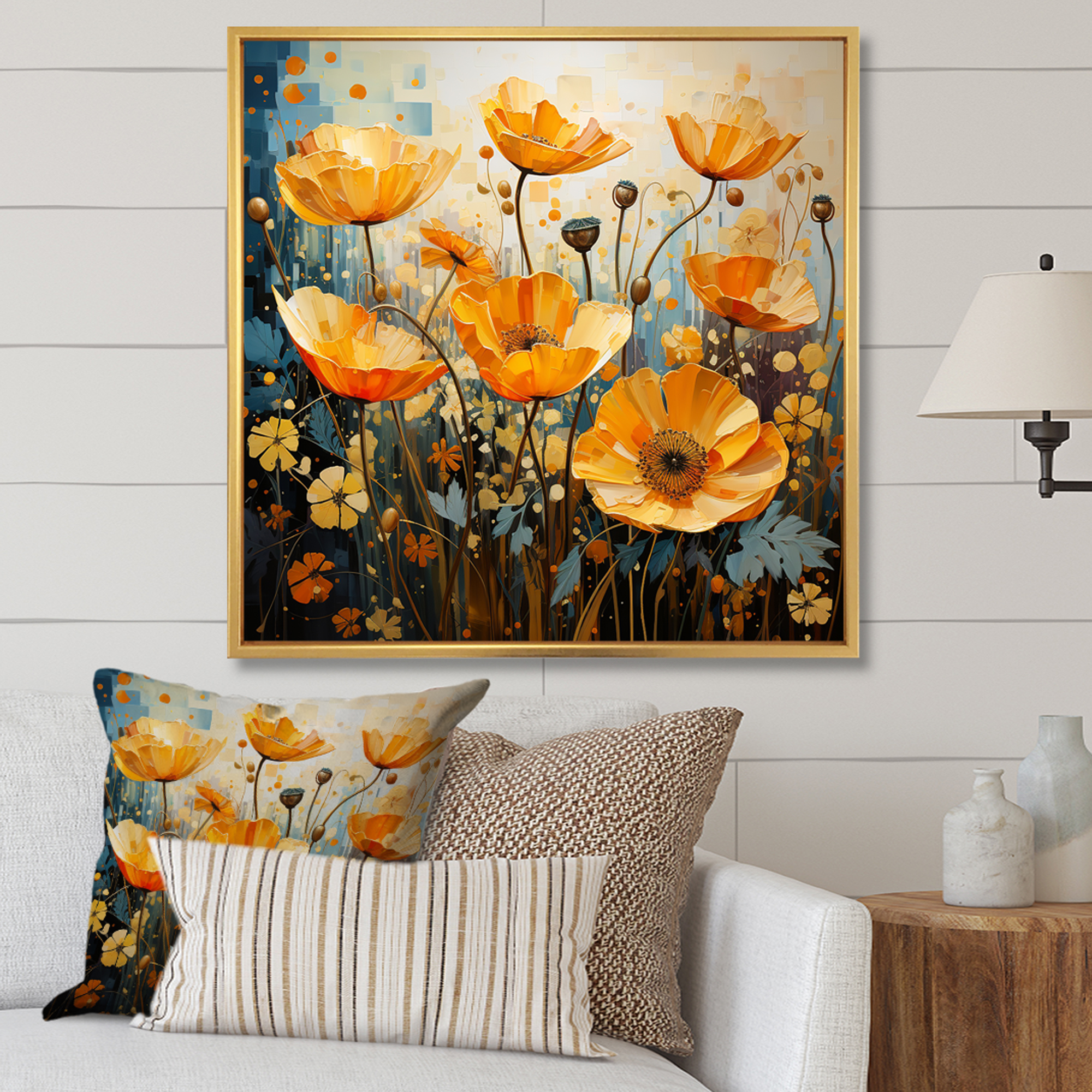 Designart "Moments Of Vivid Yellow Poppies I" Poppies Floater Framed ...