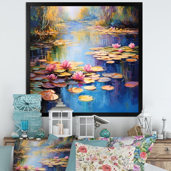 Designart "Monet's Reflections Blue-Green Lake Impressions II" Cottage Framed Wall Art Decor - Farmhouse Yellow Lake Hallway Framed Wall Art Decor