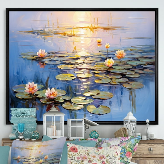 Designart "Monet's Water Lily Pond Reflections in Art IV" Cottage Framed Wall Art - Country Green Lake Living Room Framed Canvas Art