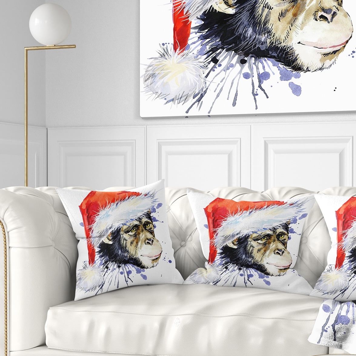 Designart Monkey Santa Clause - Animal Throw Pillow - 16x16