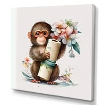 Designart Monkey With Roll Of Toilet Paper And Flowers Canvas Wall Art