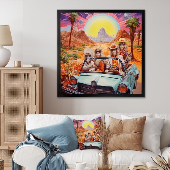 Designart "Monkeys in a 1980s Convertible Cadillac I" Food & Beverage Framed Wall Art Decor - Traditional Yellow Fruits Living Room Framed Canvas Art