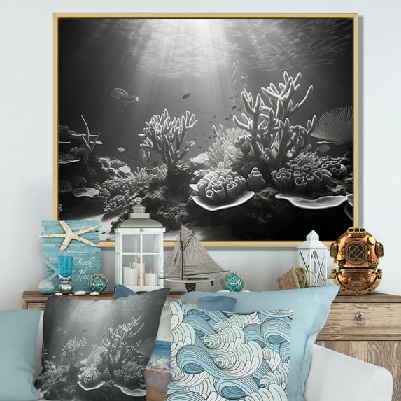 Designart "Monochromatic Ballet Of Coral Beauty" Coastal Coral Under Water Floater Framed Canvas Wall Art