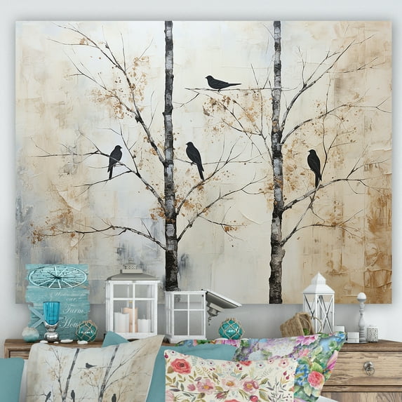 Designart "Monochromatic Birds Silhouette III" Landscape Trees Wall Art Living Room