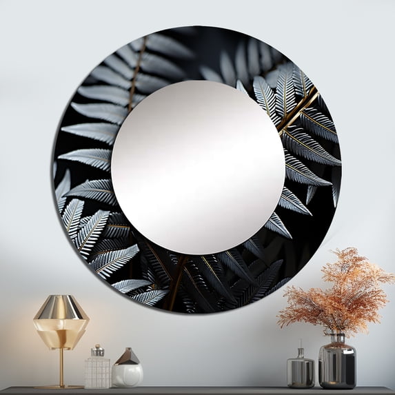 Designart "Monochromatic Delight Of Fern Fronds" Plants Grey Large Round Mirror - Round Bedroom Mirror Wall Decor - Traditional Round Printed Mirror - 23" x 23"