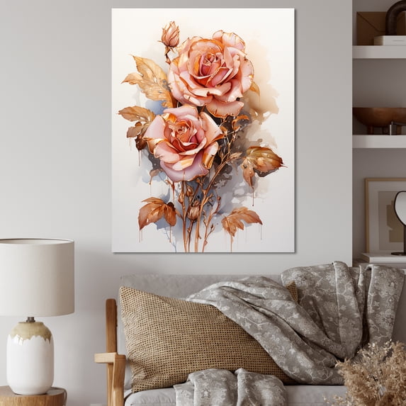 Designart "Monochromatic Elegance of Rosegold Roses II" Floral Canvas Wall Art - Traditional Pink Rose Entryway Wall Art Print