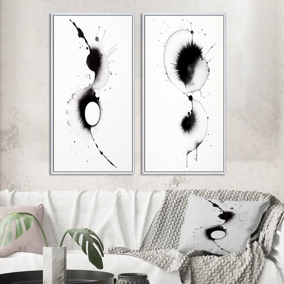 Designart "Monochromatic Harmony Subtle Ink Symphony VIII" Abstract Painting Framed Wall Art Set Of 2 - Modern Black Framed Canvas Set For Living Room Decor