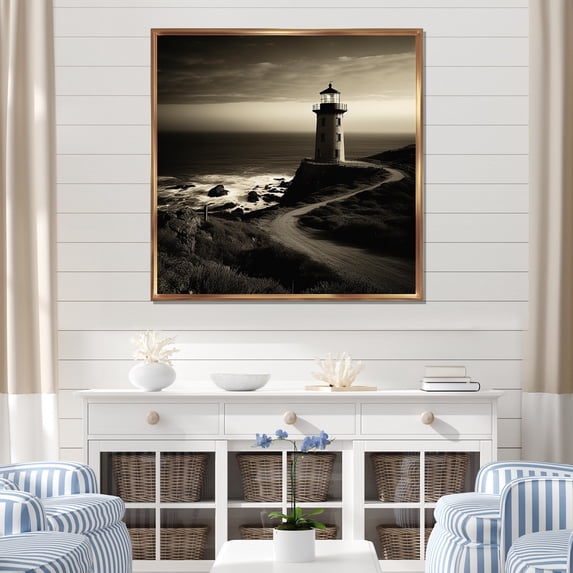 Designart "Monochromatic Lighthouse Panorama" Beach Light House Floater Framed Wall Art Prints