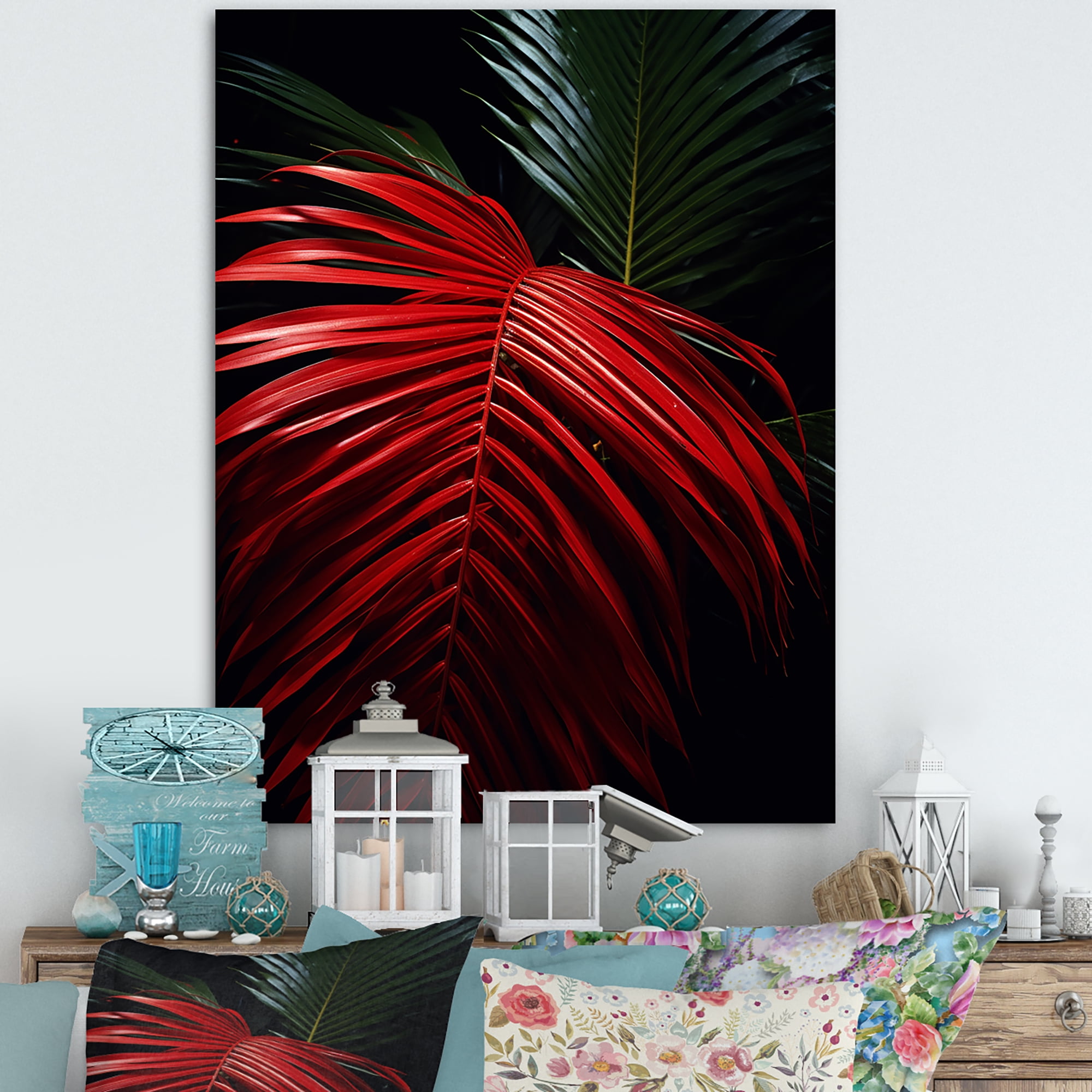 Monochrome Red Palm Trees Canvas Art Print with Pine Frame