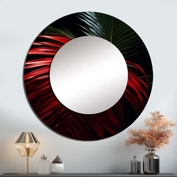 Designart "Monochromatic Photo Of Red Palm Trees" Palms & Palm Trees Red Large Round Mirror - Round Bedroom Mirror Wall Decor - Traditional Round Printed Mirror - 29" x 29"