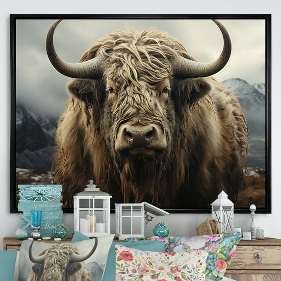 Designart "Monochromatic Scene Of Grazing Yaks" Yaks Floater Framed Wall Art Living Room