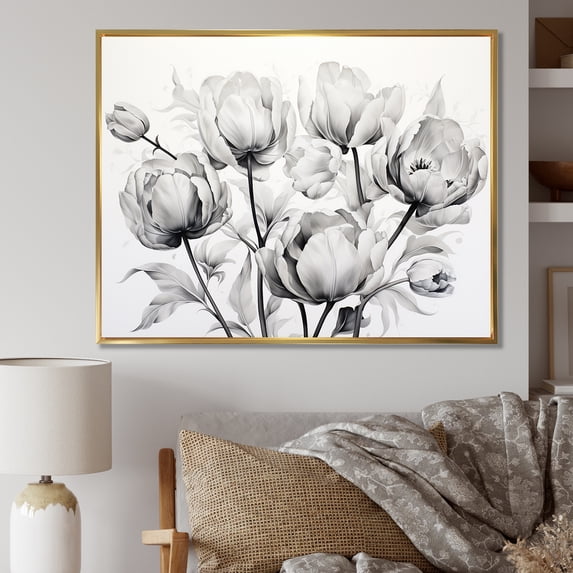 Designart "Monochromatic Tulip Composition I" Tulips Floater Framed Canvas Prints