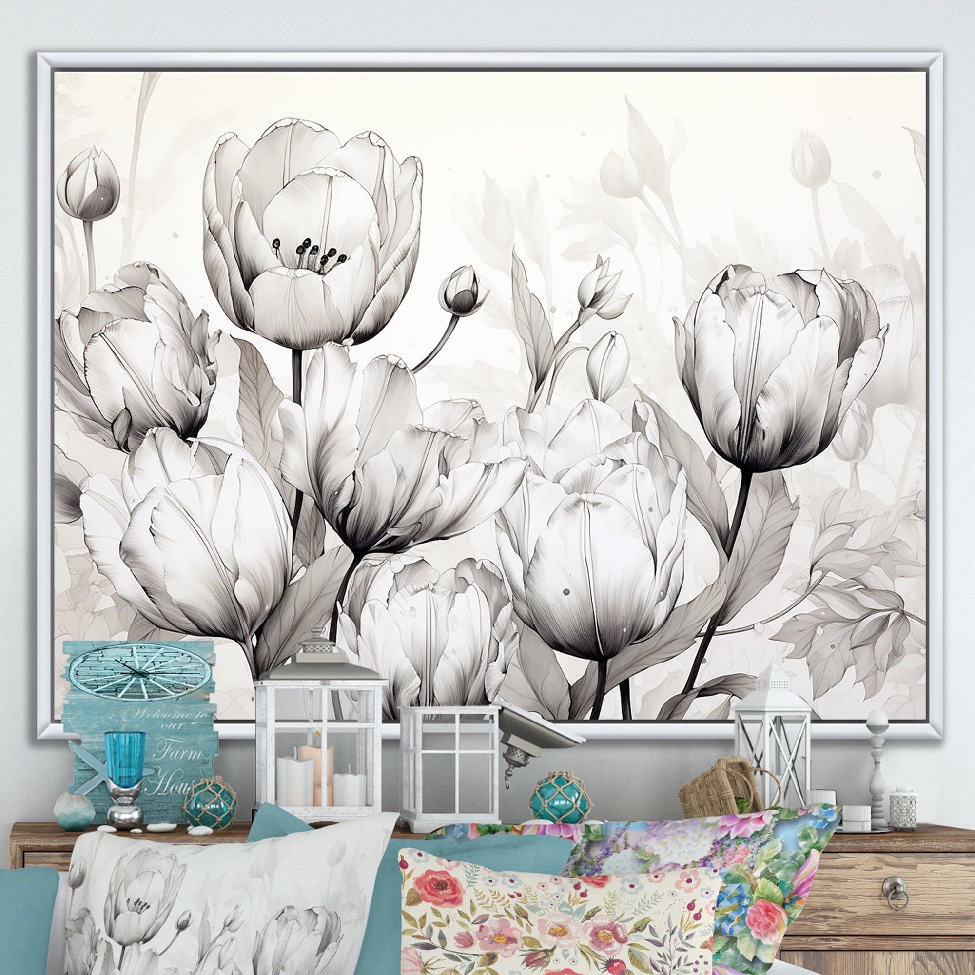 Monochromatic Black and White Tulips Canvas Print with White Frame