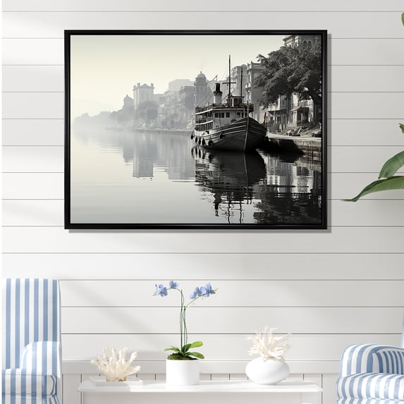 Designart "Monochromatic View Of A Cuban Port I" Cuba Floater Framed Canvas Wall Art