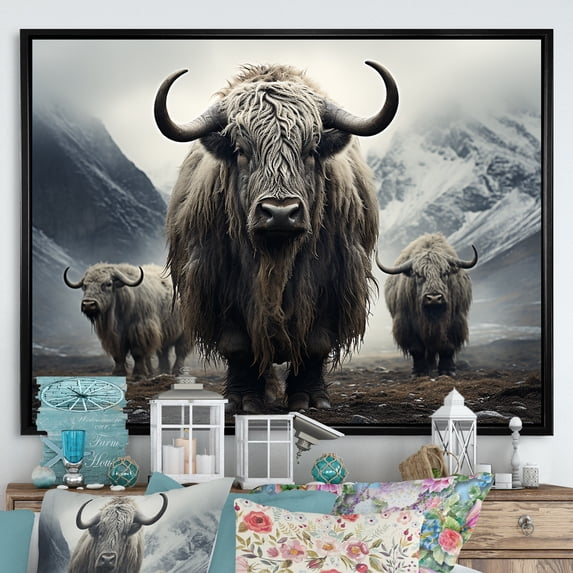 Designart "Monochromatic Yak Grazing Scene" Yaks Floater Framed Wall Art Prints