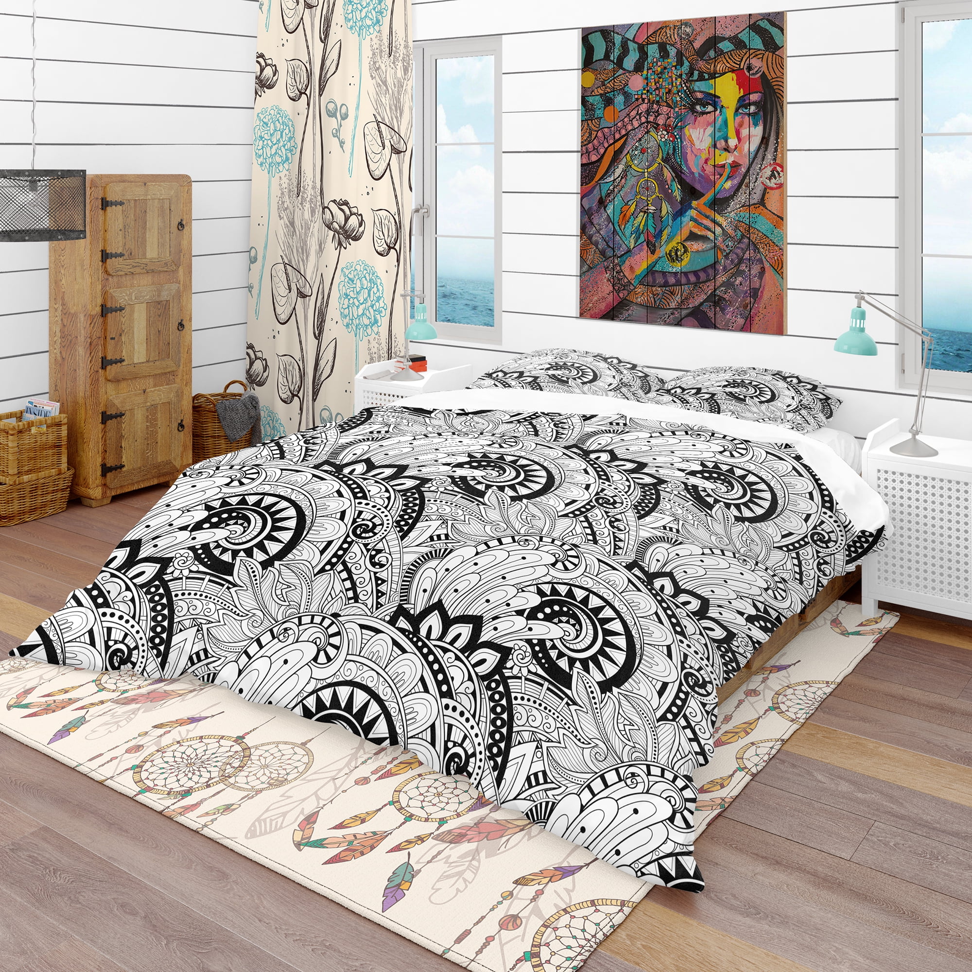 Designart 'Monochrome Abstract Floral Pattern' Bohemian & Eclectic Duvet Cover Set