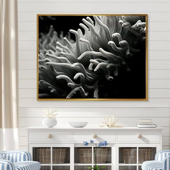 Designart "Monochrome Anemone In Colorful Photo I" Coastal Coral Under Water Floater Framed Wall Art Living Room